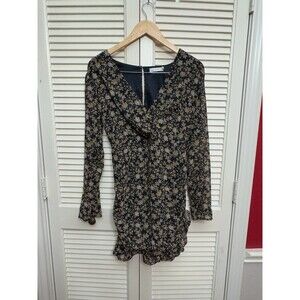 LUSH M Black Yellow Floral Ruched V Neck Shirt Women size M